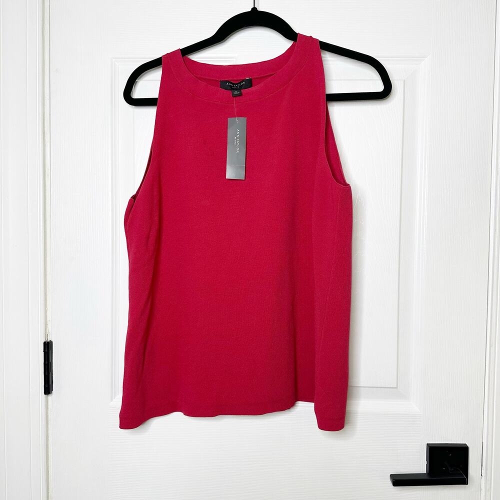Ann Taylor Knit Shell Tank Red High Neck Sleeveless Size Medium Petite‎ NEW